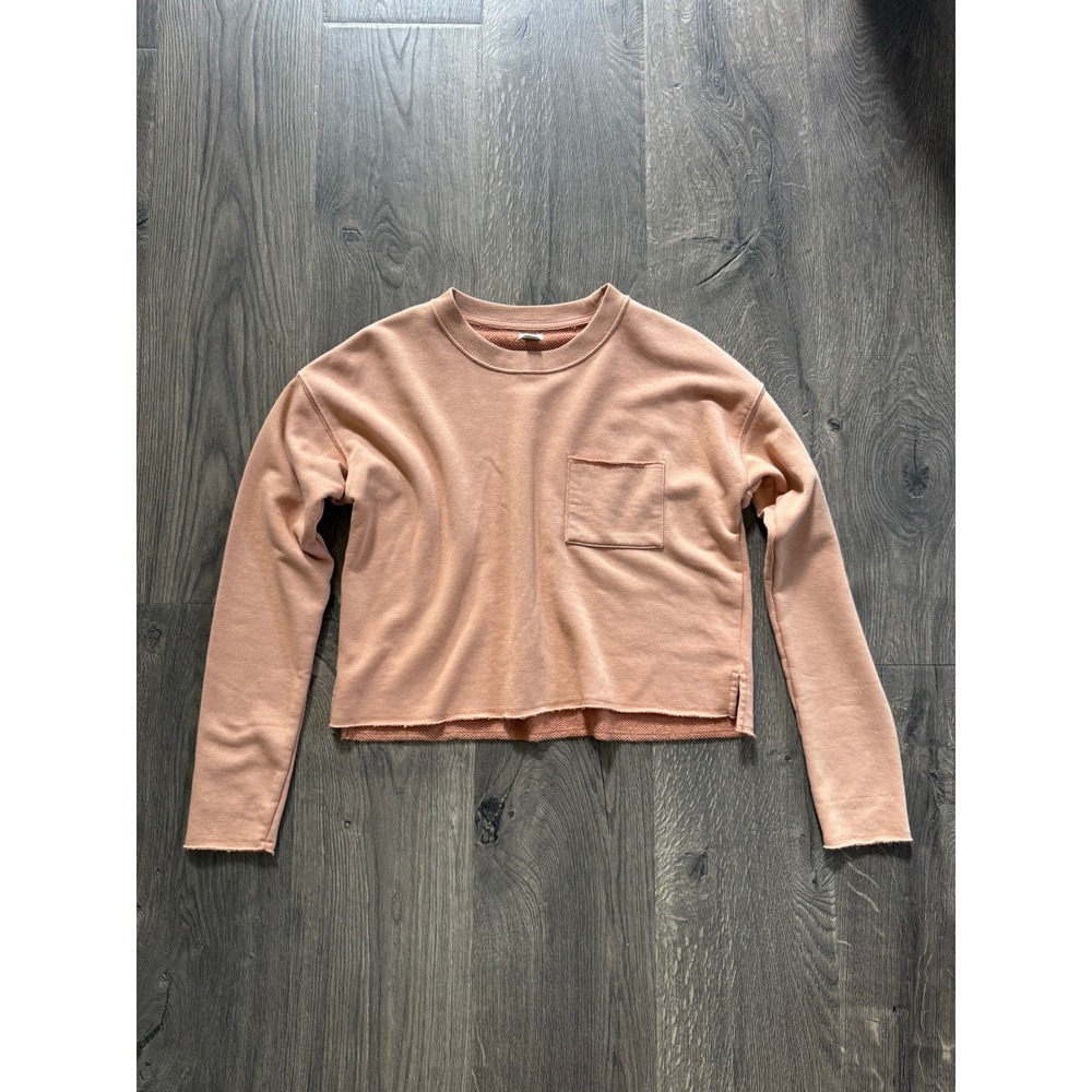 Aerie Soft Cropped Sweatshirt XS Tan Brown Sugar Long Sleeve Raw Hem Pocket EUC